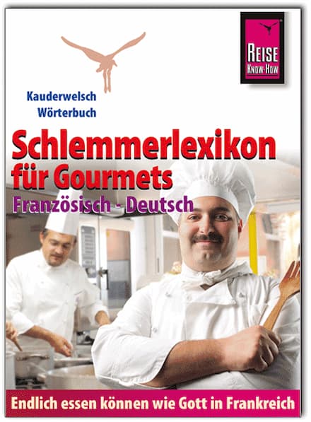 Buchcover Schlemmerlexikon für Gourmets, Bild eines Kochs mit Kochlöffel in der Küche
